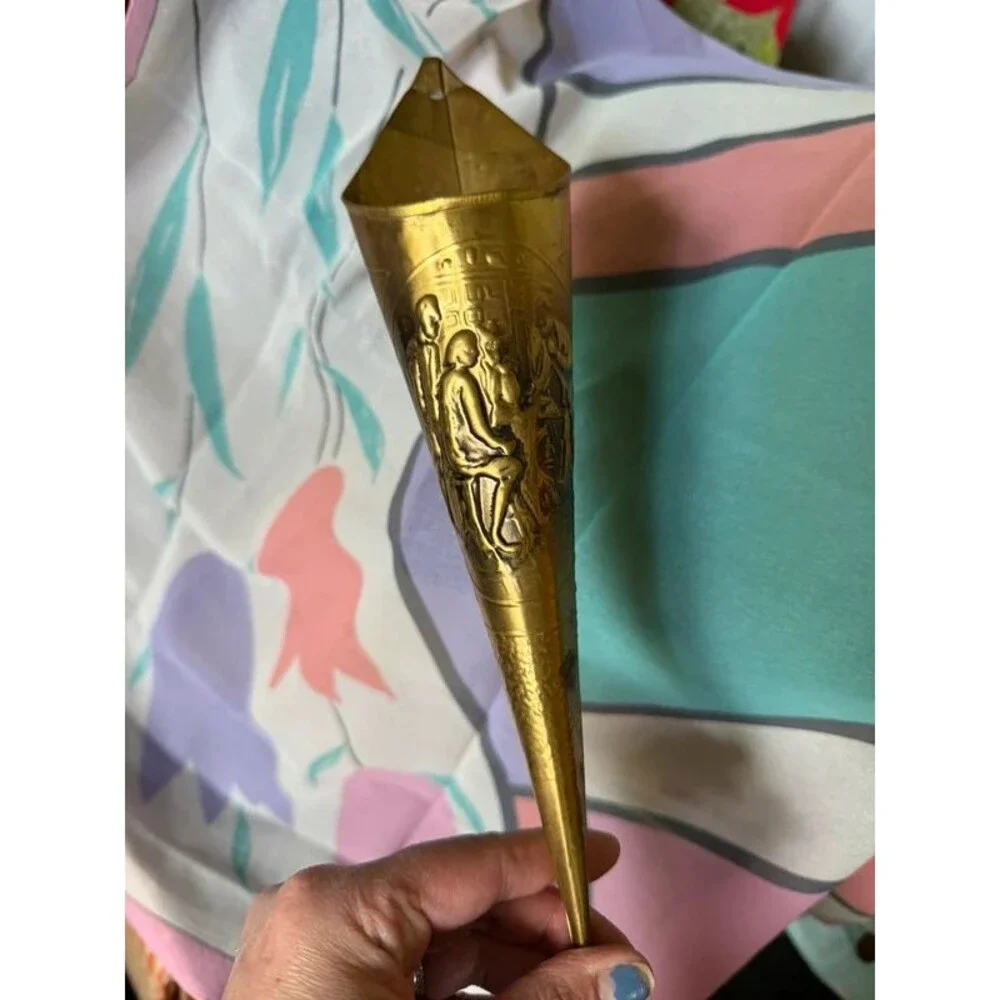 Vintage Brass Wall Pocket Cone Vase - 11
